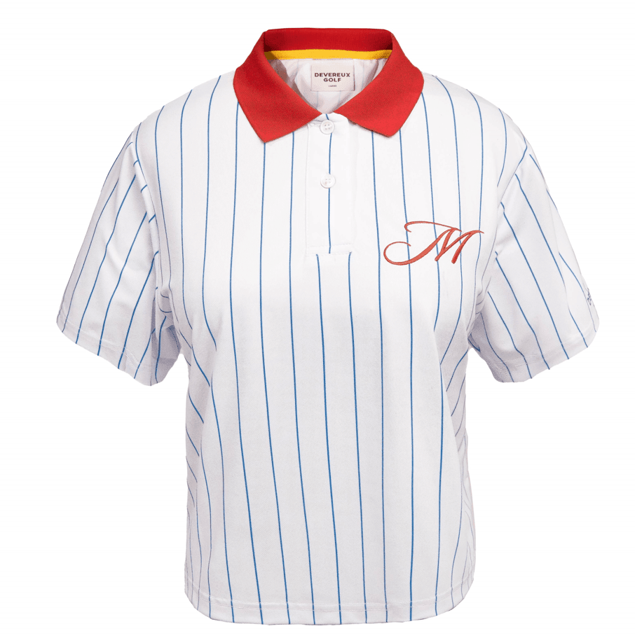 White womens polo with red collar and blue stripes with Michelob M in script font on front left chest
