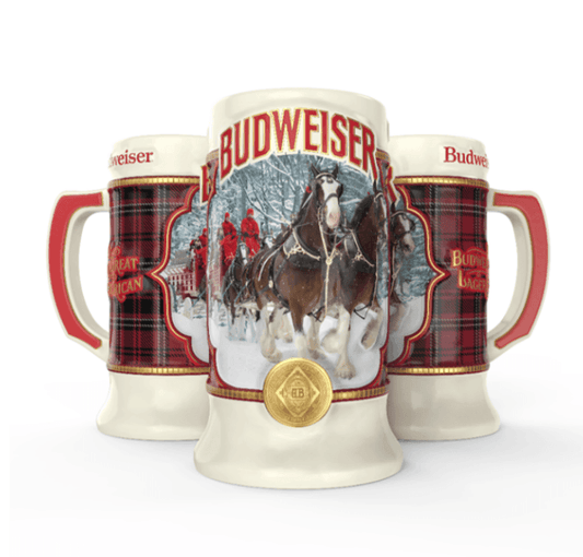 budweiser holiday stein 2021 with winter clydesdale  hitch image and a plaid pattern background