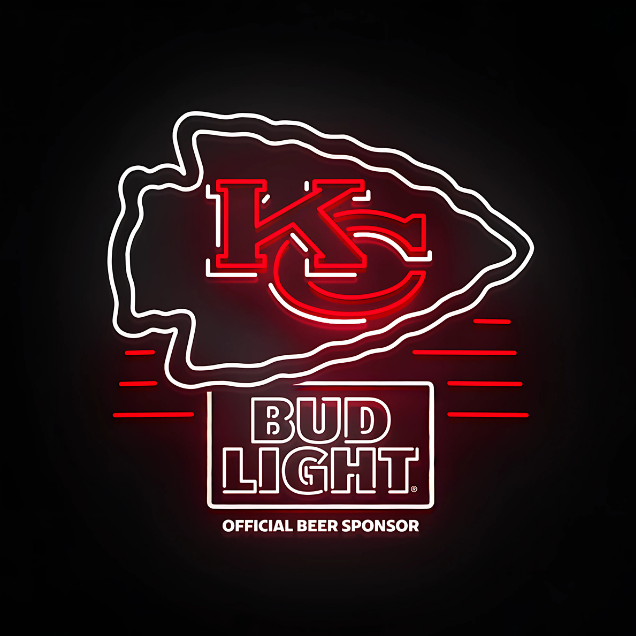 An LED sign featuring the Kansas City Chiefs NFL team logo with the text 'BUD LIGHT OFFICIAL BEER SPONSOR' illuminated in red and white lights against a black background.