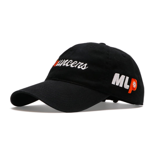 front view of black hat with bouncers on front