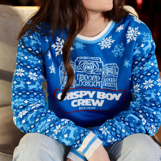 blue bud light crispy boy crew sweater