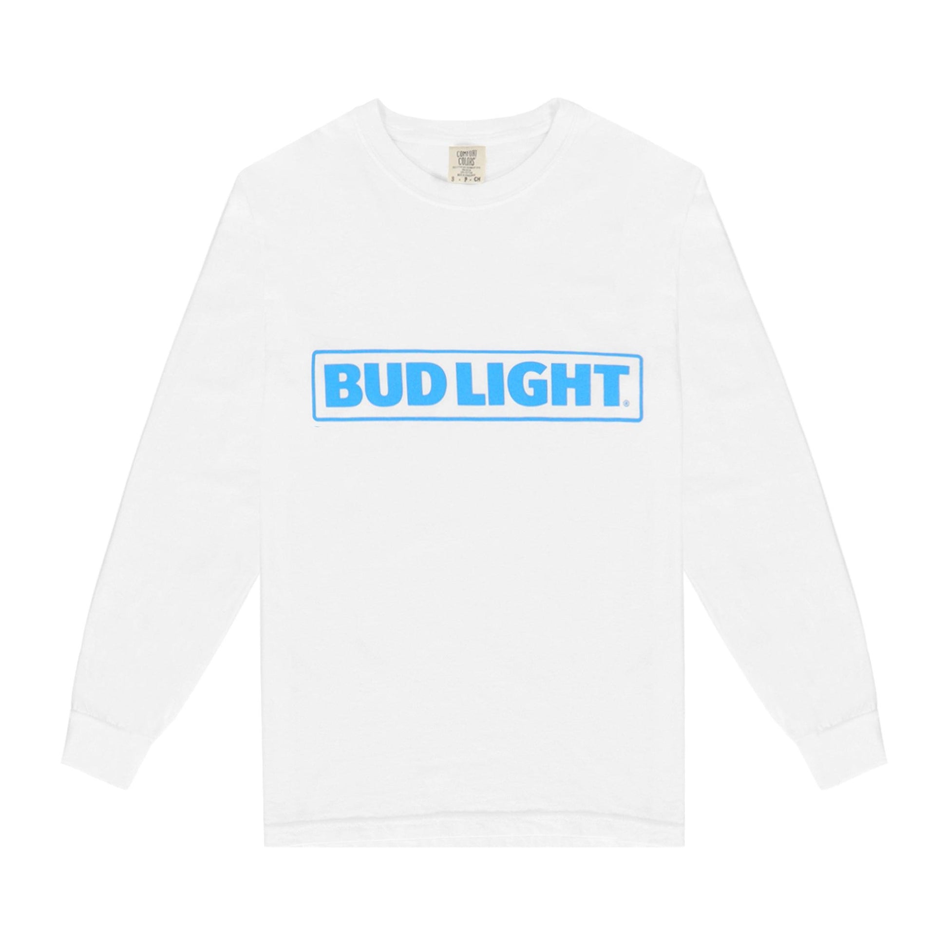 White long sleeve comfort colors t-shirt with blue Bud Light horizontal logo over the chest.