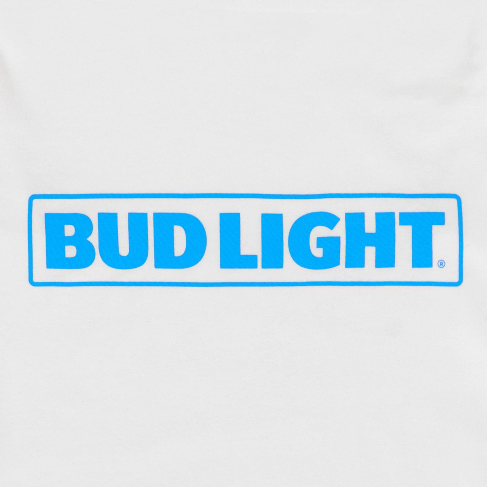 Close up of blue Bud Light horizontal logo on chest of white long sleeve t-shirt.