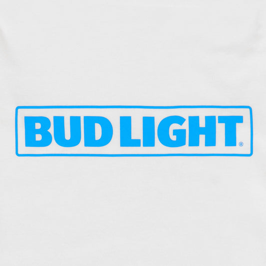 Close up of blue Bud Light horizontal logo on chest of white long sleeve t-shirt.