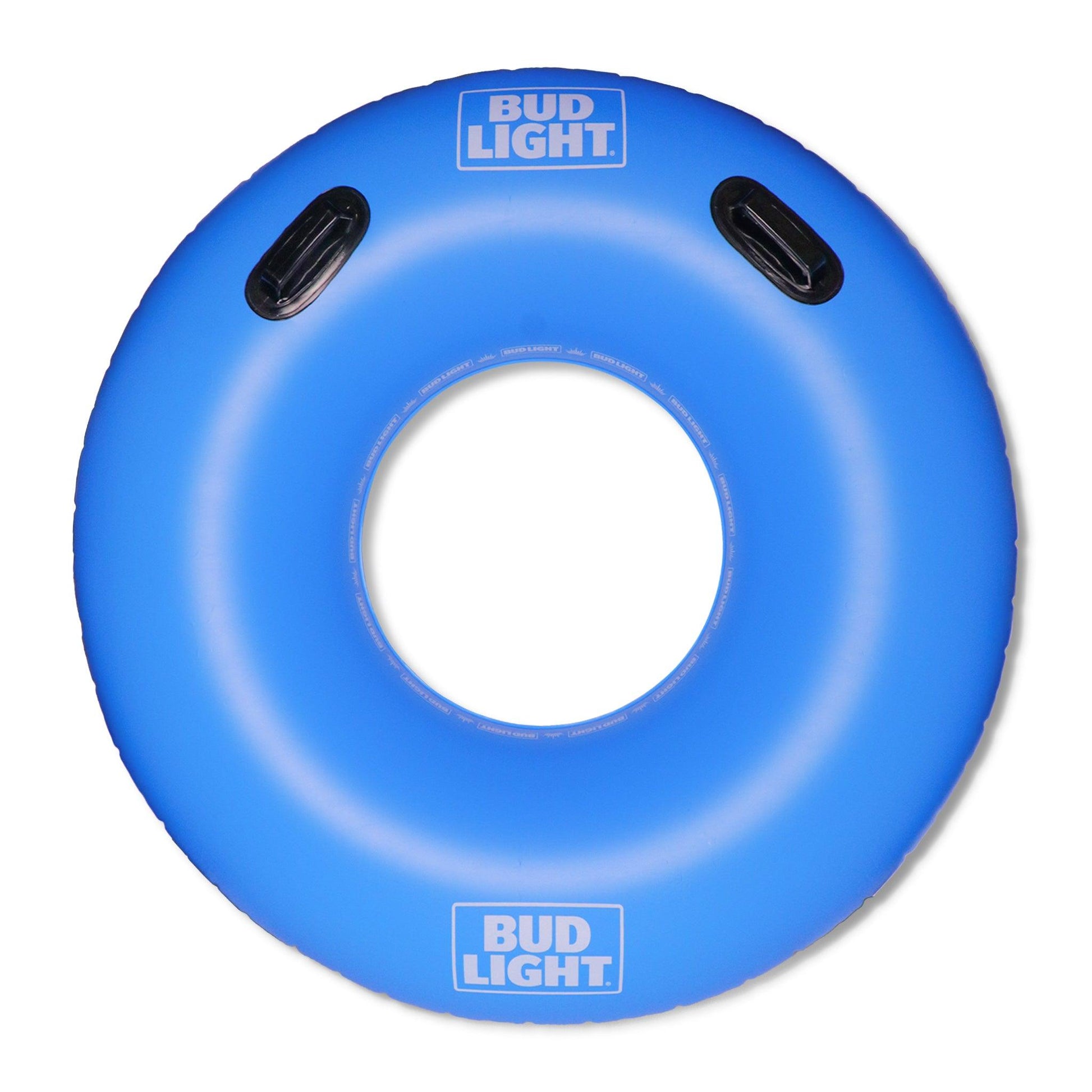 top of bud light innertube with two black handles, bud light stacked logo and then bud light crown strip around center of innertube