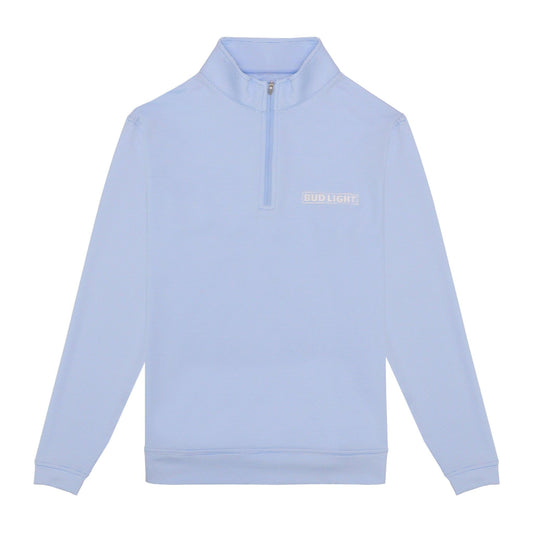 Bud Light blue and white striped 1/4 zip with Bud Light horizontal logo embroidered in white on front left chest