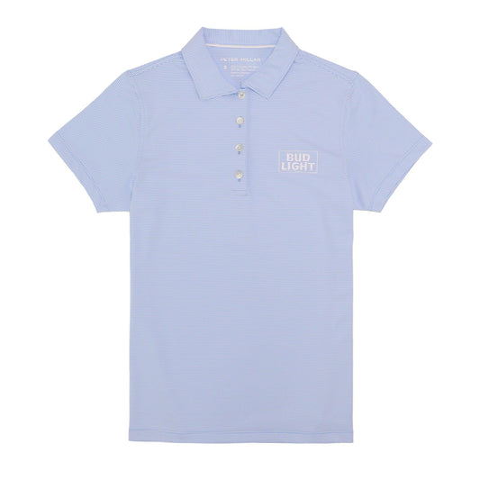 Bud Light Peter Millar Women's Polo with 4 buttons and Bud Light stacked embroidered white logo on front left chest