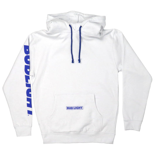 white bud light hoodie with bud light on the right sleeve and on the front pocket