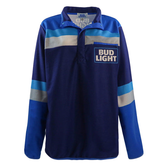 bud light resort 1/4 snap fleece in various blues and sliver