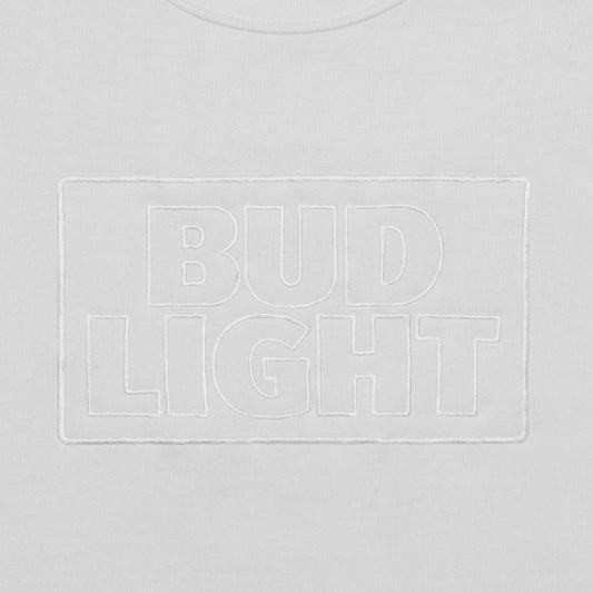 Close up of white Bud Light stacked logo embroidery