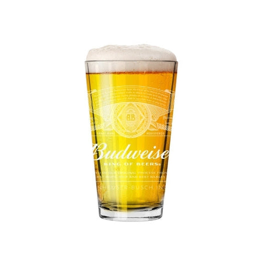 Budweiser beer glass with a white background