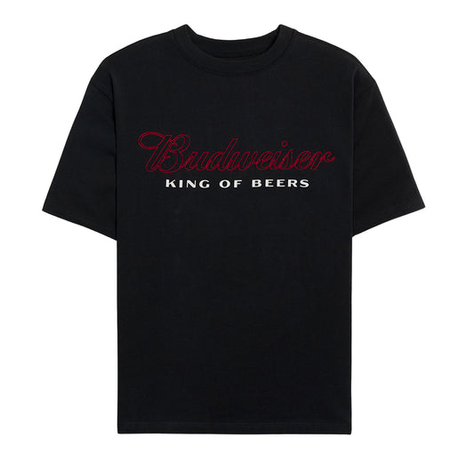 Black t-shirt with Budweiser logo and 'King of Beers' text on a white background