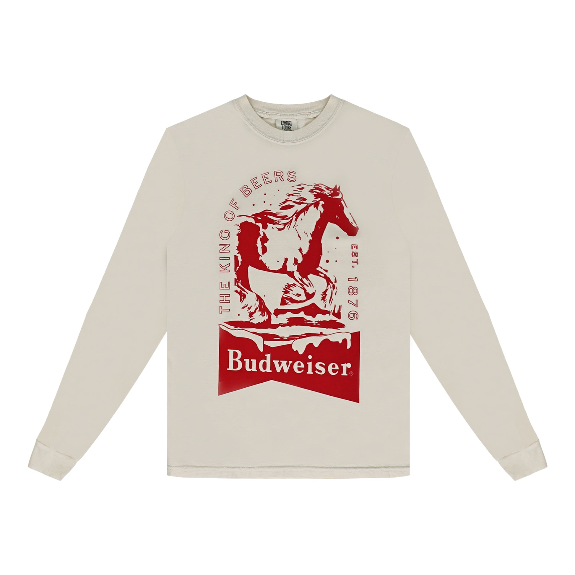 Cream colored Budweiser long sleeve, Features clydesdale running and shirt reads King of Beers est 1876