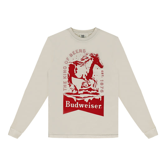 Cream colored Budweiser long sleeve, Features clydesdale running and shirt reads King of Beers est 1876