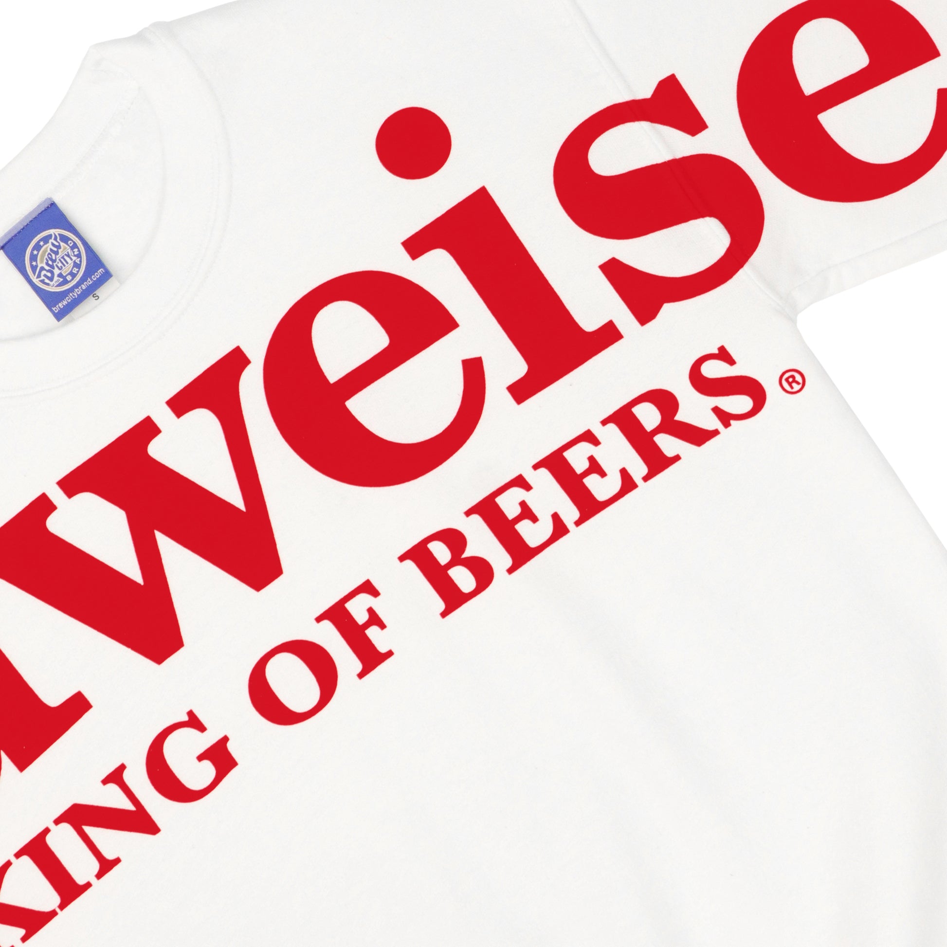 Close up of chest and right sleeve of Budwesier King of Beers sweatshirt