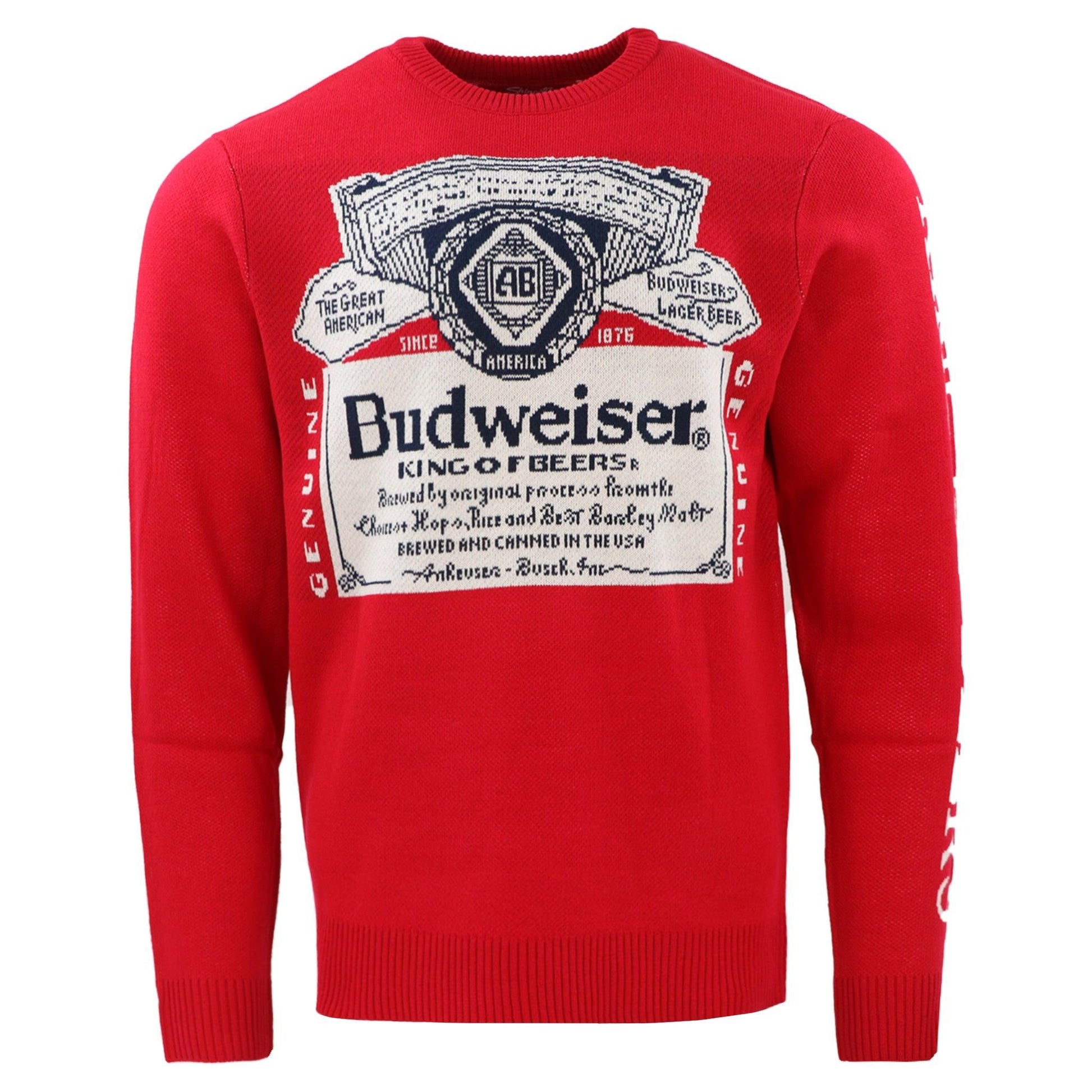 budweiser label sweater with king of beers on the left sleeve vertically