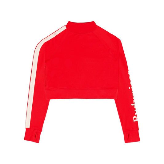 Front of crop top with stripe on the left and budweiser on the right