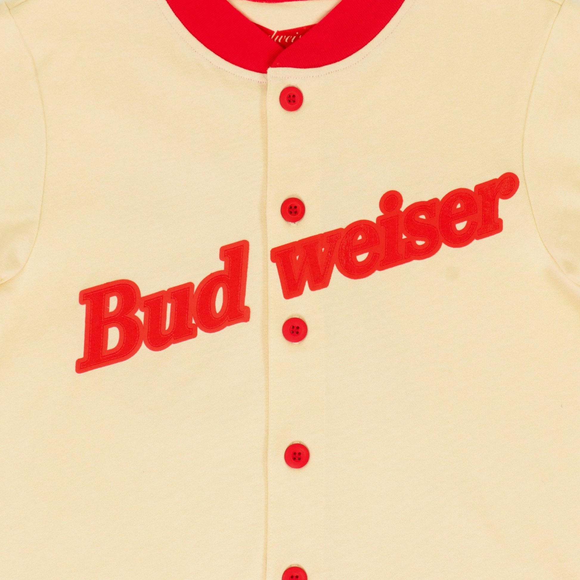 Close up-front view of Budweiser Vintage Baseball Jersey