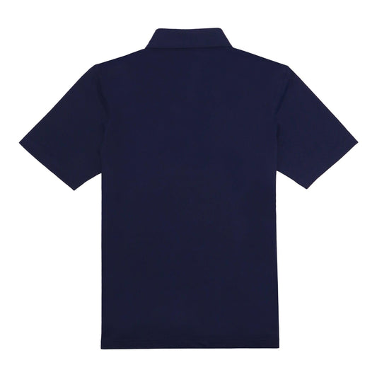 Back of Budweiser Wordmark Peter Millar Navy Polo Shirt