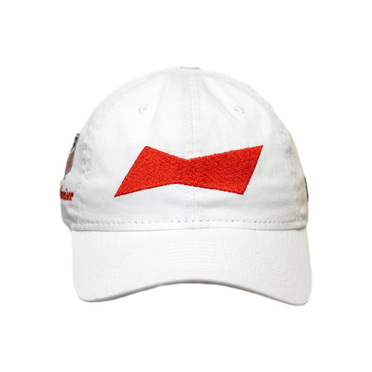 White hat with red embroidered bowtie on front panel of hat