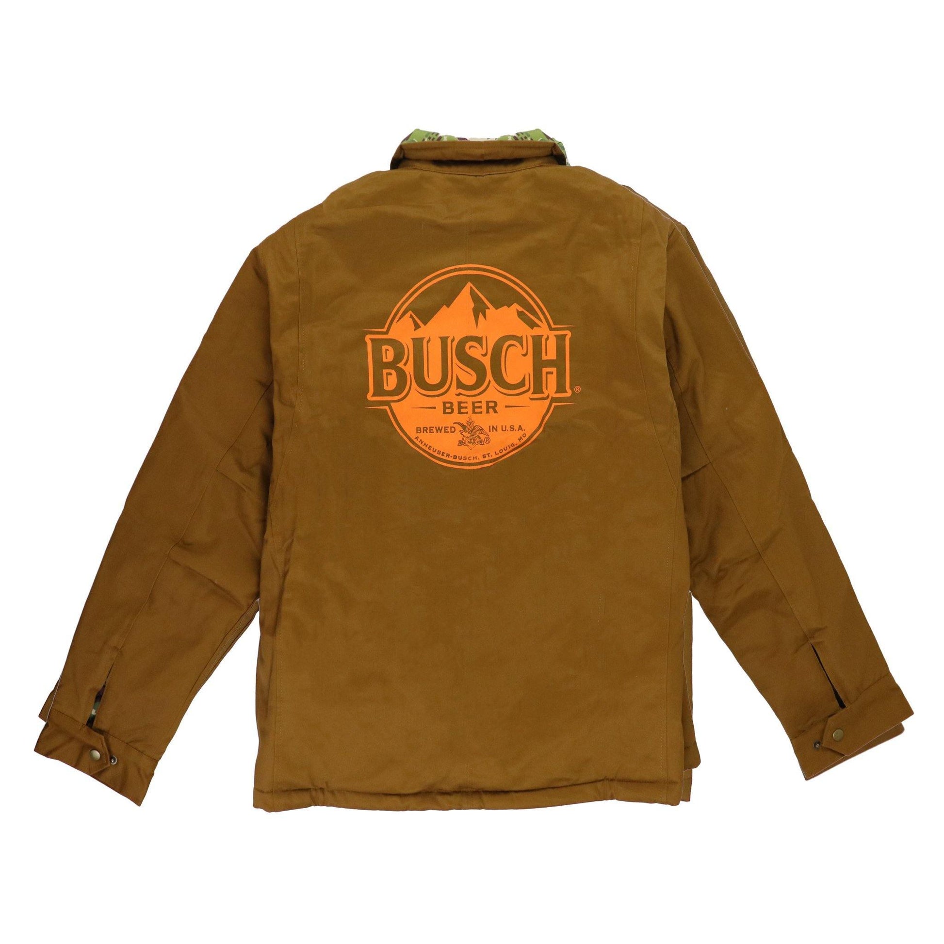 busch camo heavyweight jacket with orange busch logo in left chest area below pocket and orange busch logo on the back of jacket