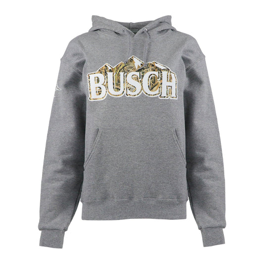 Grey hoodie with Busch logo over camo mountains 
