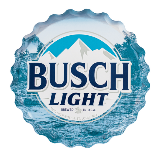 busch Light logo on a metal sign in the shape of bottle cap
