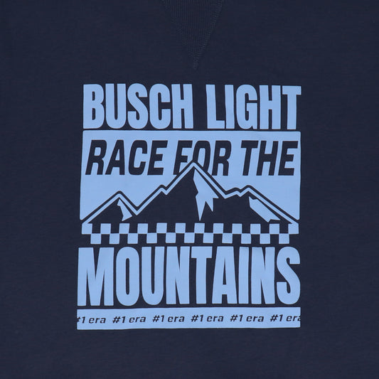 Close up of logo on front of sweatshirt "Busch Light Race for the Mountains"