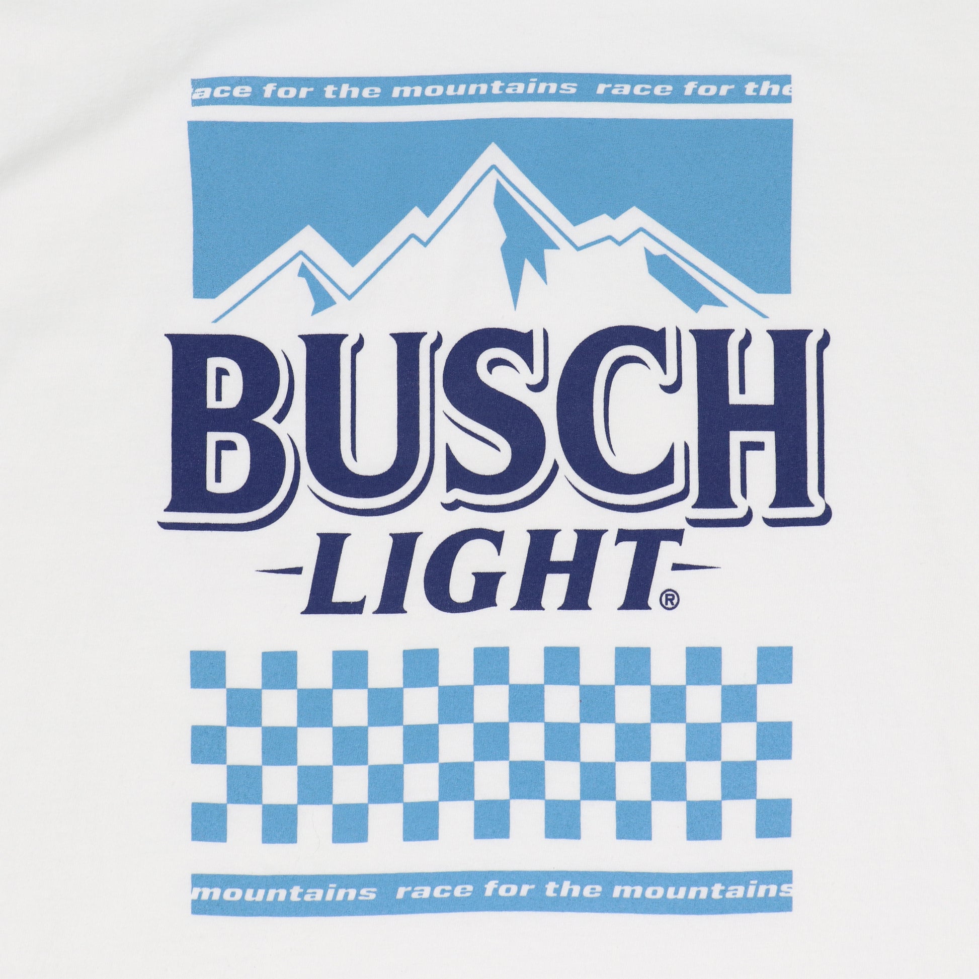 Close up of front graphic, Busch Light logo with mountains and checkered flag