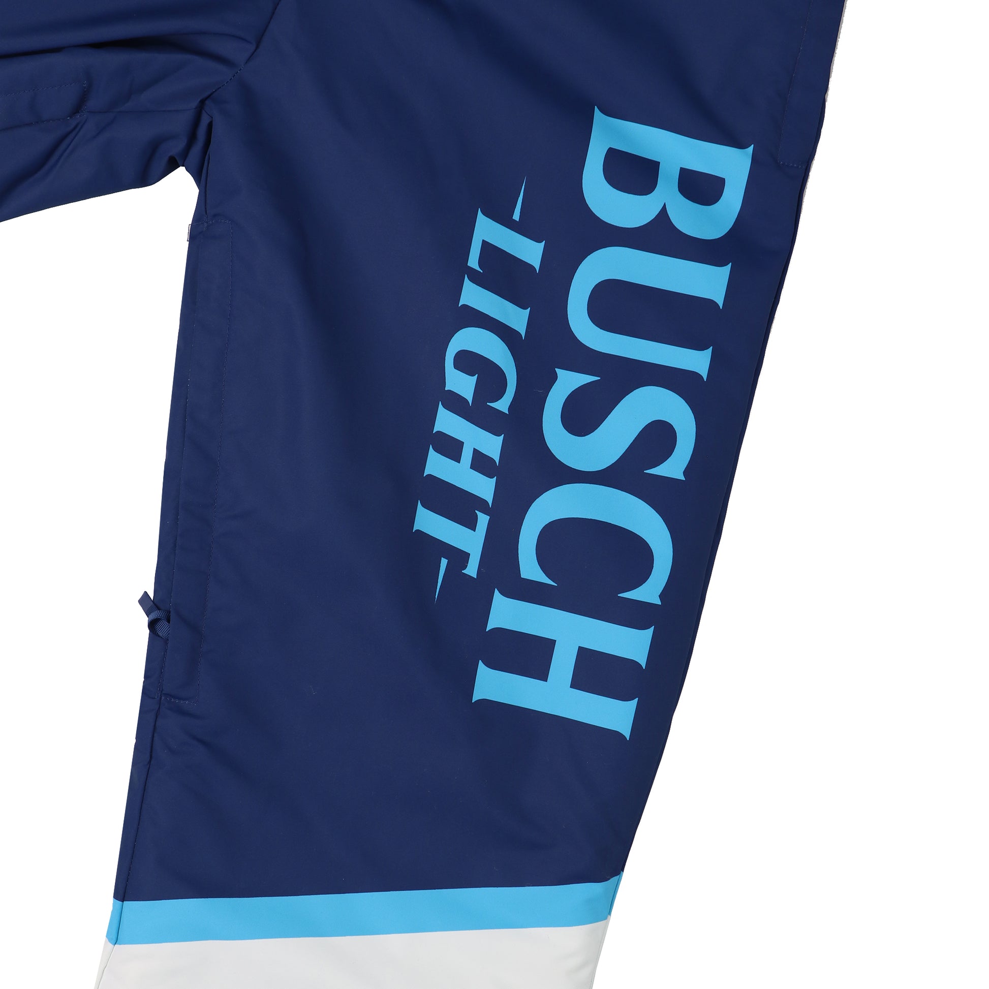 Close up of "Busch Light" written on left leg