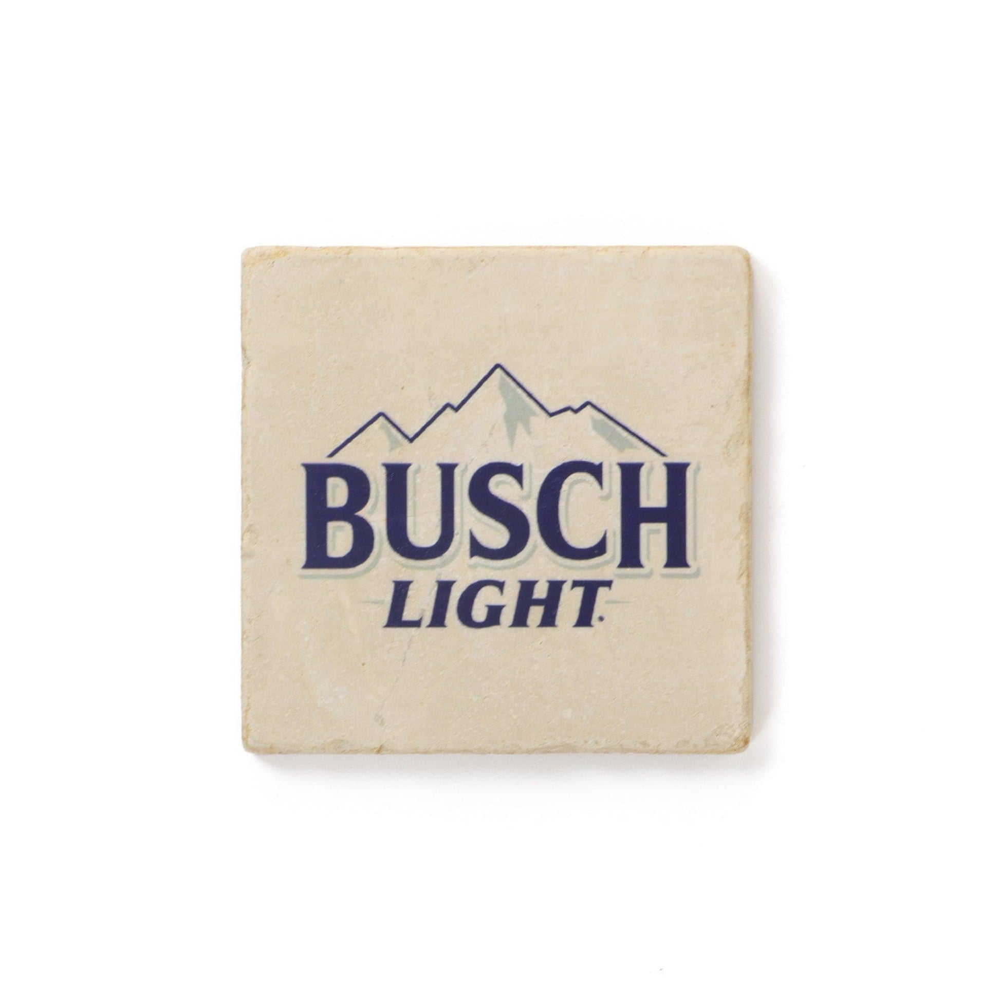 cream colored square stone coaster with Busch Light logo with mountains