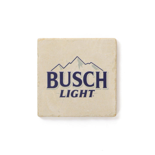 cream colored square stone coaster with Busch Light logo with mountains