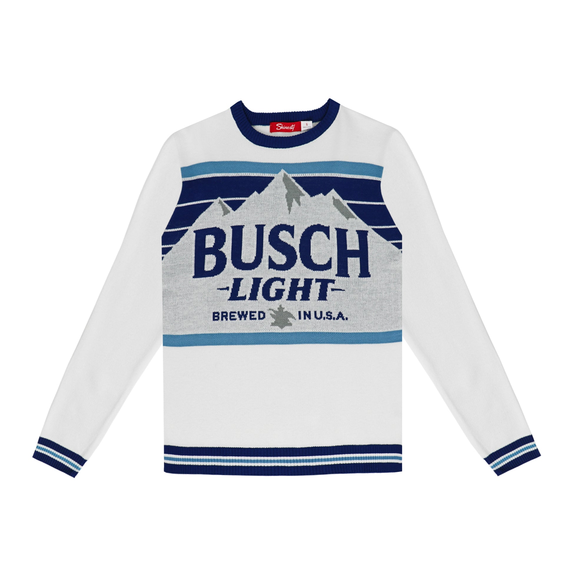 Busch Light holiday sweater, Busch Light Mountain logo on front