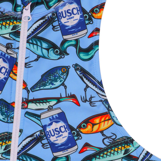 close up of scattern print with busch light cans and fishing lures