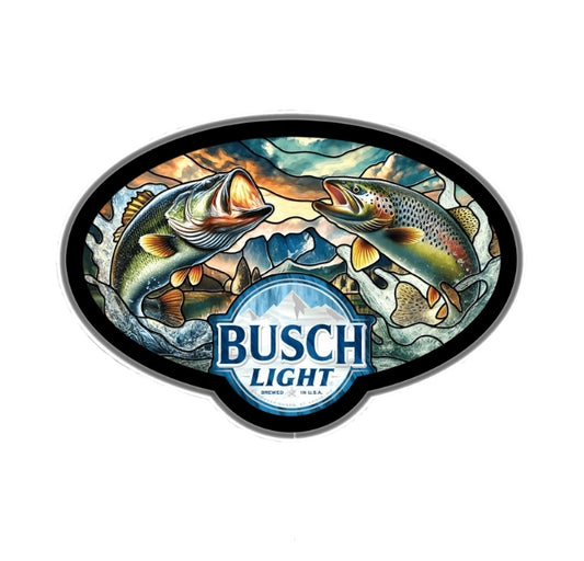 An LED sign with a graphic of a fish and the text 'BUSCH LIGHT'.