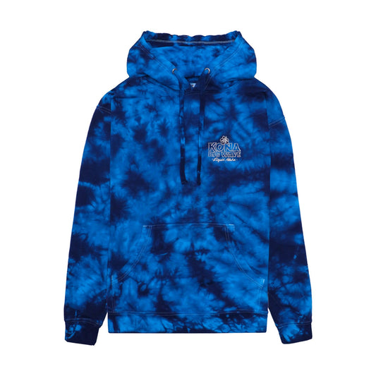 front of tie dye hoodie with Kona Big Wave Liquid aloha logo on front left chest.