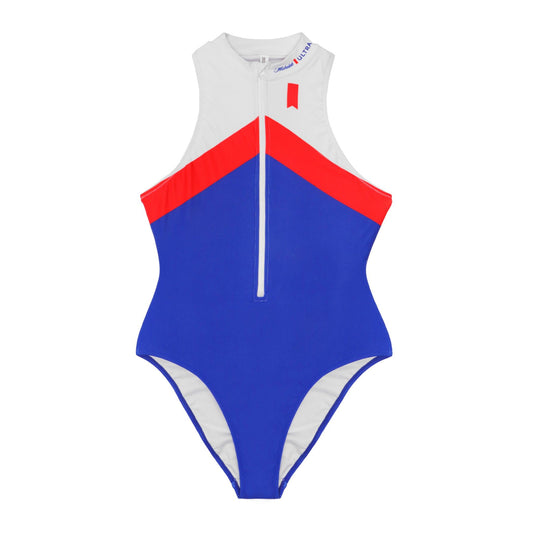 Front of one piece swim with red ribbon on left chest