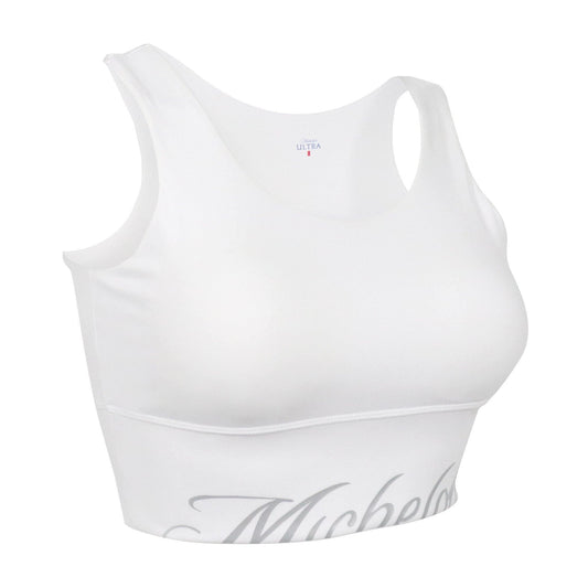 Michelob ULTRA white yoga crop top with Michelob ULTRA script logo in tone on tone white