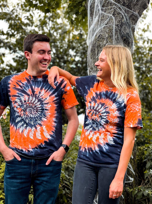 natural light tie dye halloween t shirt orange and black that glows in the dark