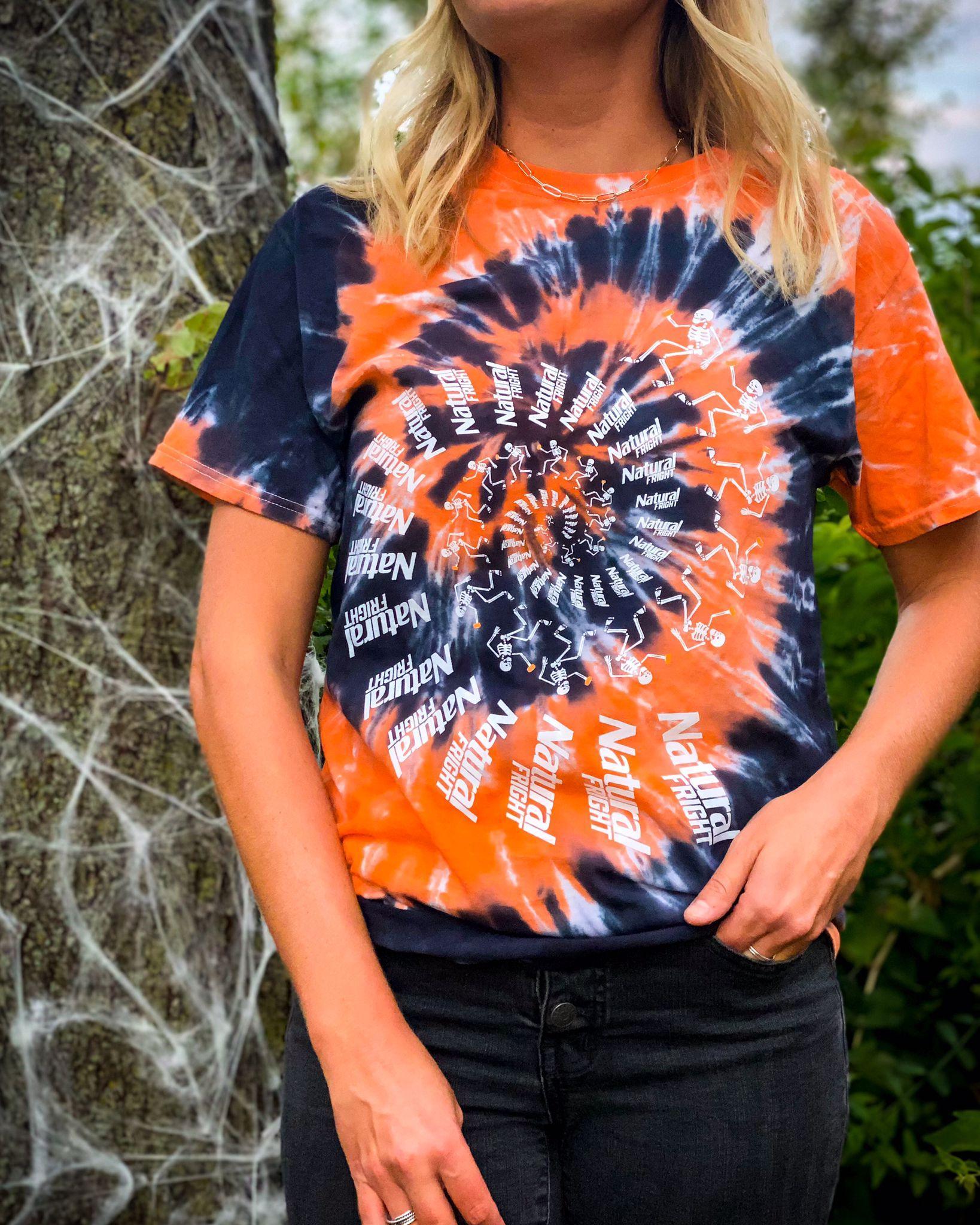 natural light tie dye halloween t shirt orange and black that glows in the dark