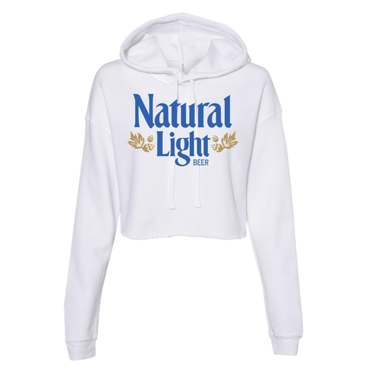 womens crop white hoodie with vintage natual light logo on chest
