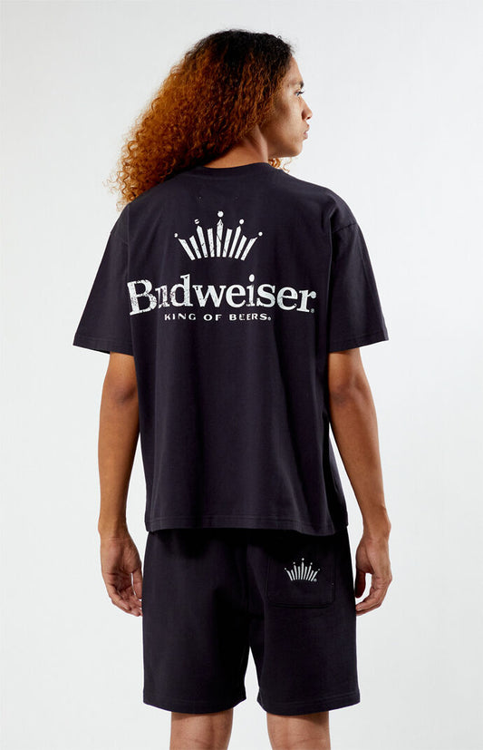 Back view of model wearing  Budweiser x PacSun "King of Beers" Black Shirt