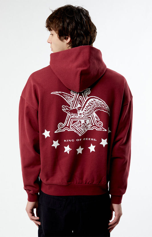 Back view of model wearing PacSun x Budweiser "King of Beers" Red Hoodie