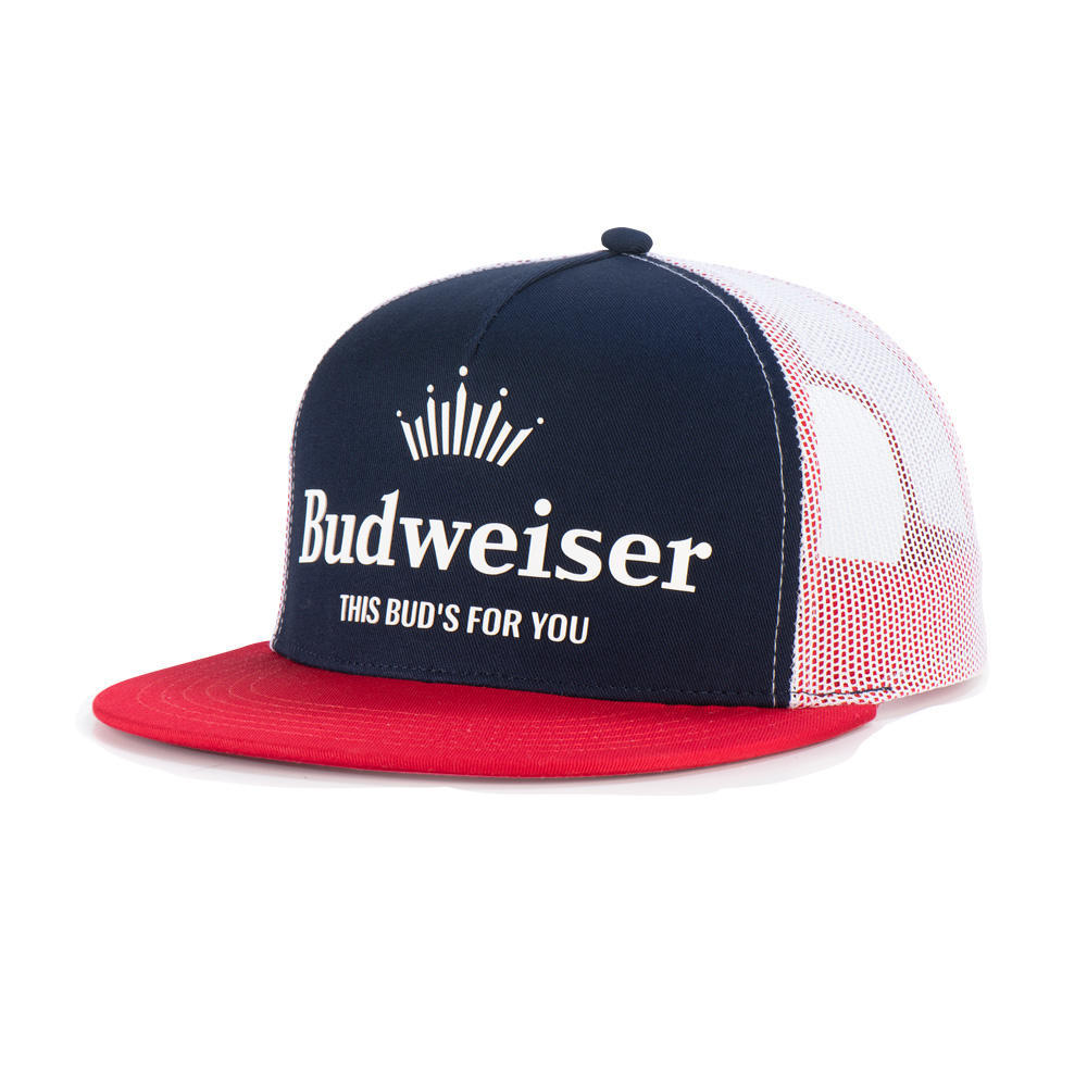 Budweiser cap with navy blue and red design on a white background
