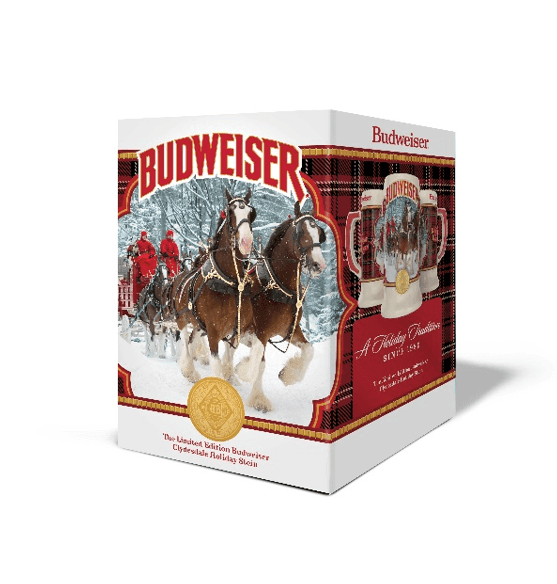 budweiser holiday stein 2021 box with winter clydesdale hitch image and a plaid pattern background