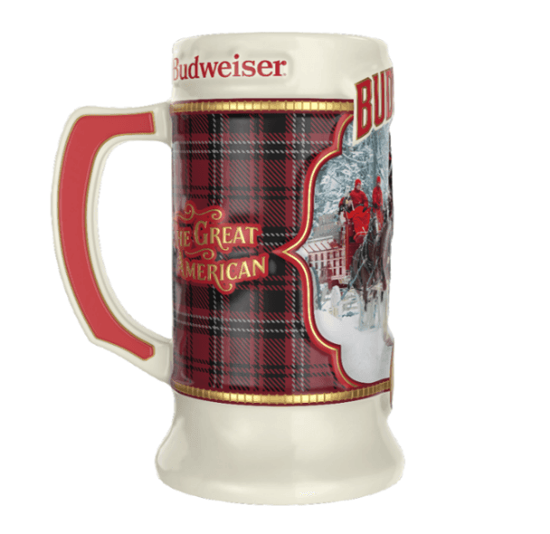 budweiser holiday stein 2021 with winter clydesdale hitch image and a plaid pattern background