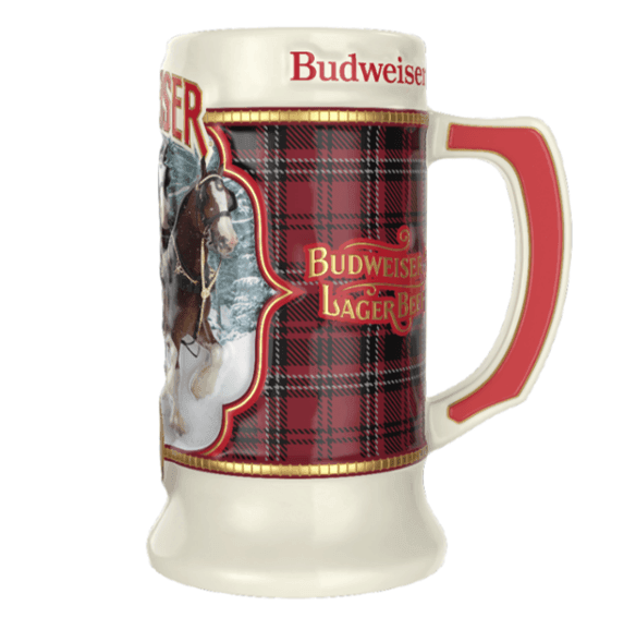 budweiser holiday stein 2021 with winter clydesdale hitch image and a plaid pattern background