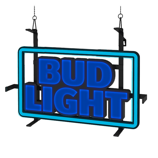 Neon sign with 'Bud Light' text on a white background