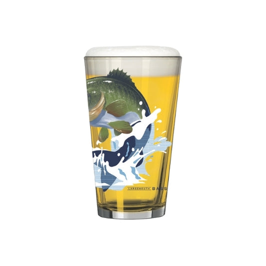 Pint glass with a fish design on a yellow background