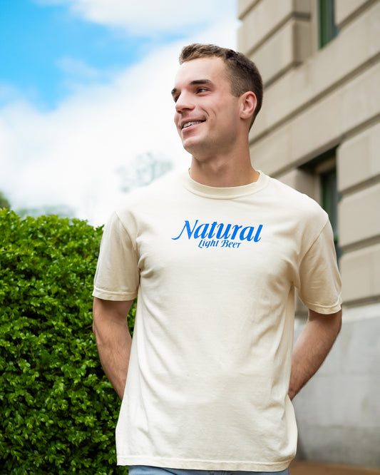Model wearing Natural Light Throwback T-Shirt
